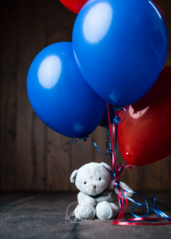 Birthday boy portraits with red balloon and teddy bear