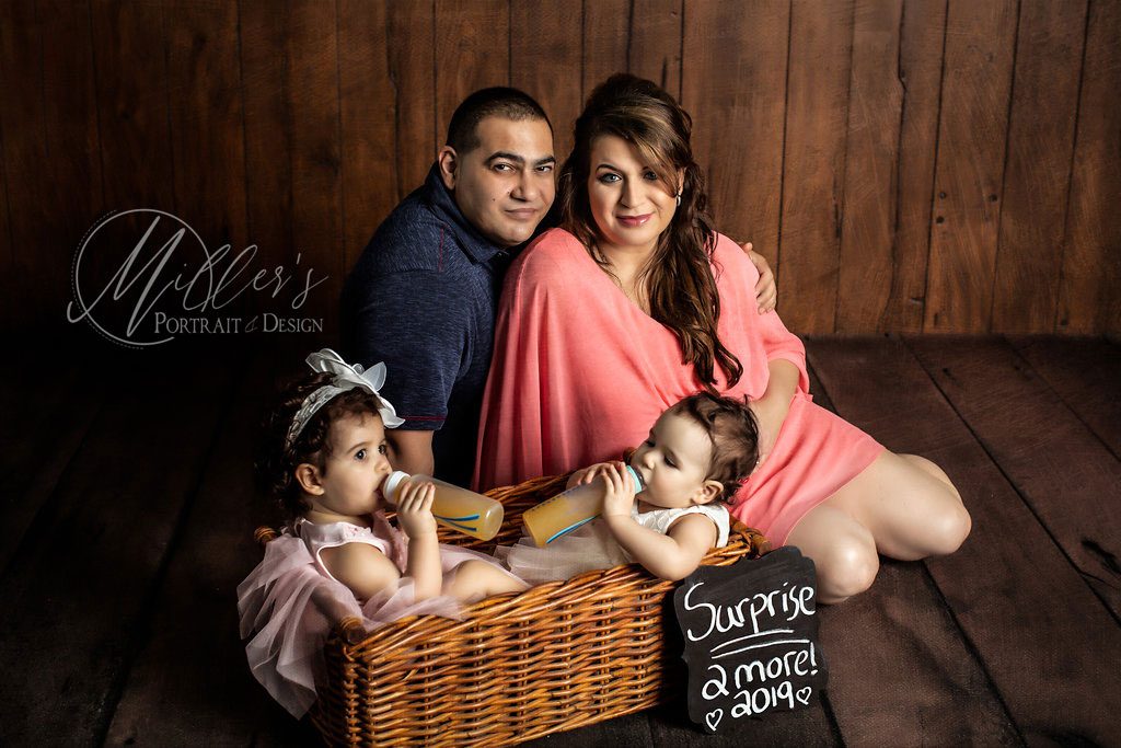 Maternity Portrait with Twins and Wicker Basket