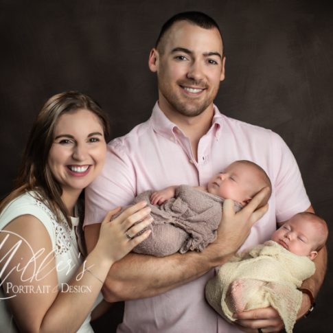 Newborn Twin Portrait With Mom and Dad